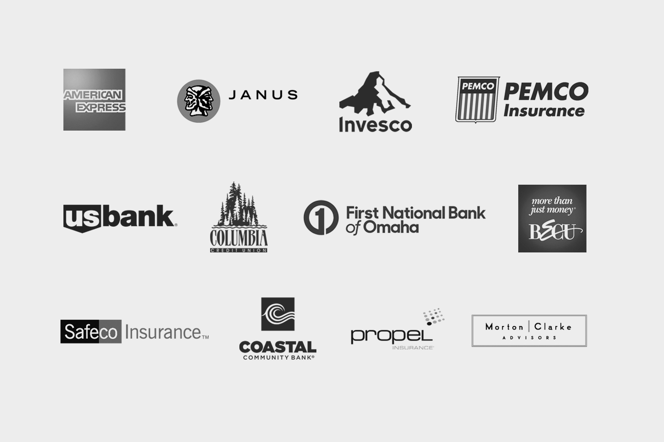 Logos of brands PowderDay has worked with, including American Express, Janus, Invesco, PEMCO Insurance, U.S. Bank, Columbia Credit Union, First National Bank of Omaha, BECU, Safeco Insurance, Coastal Community Bank, Propel Insurance and Morton Clarke Advisors